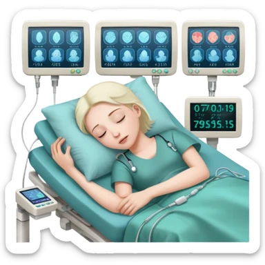 a PATIENT waking up before a surgery sleeping. And monitors with vitals and numbers sticker