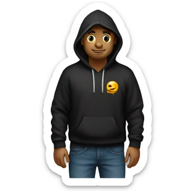 A guy wearing a black hoodie having right side of his chest a universal memento text logo sticker