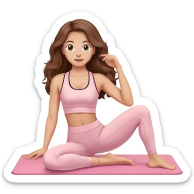 Long wavy brown hair Woman wearing light pink gym set Pilates sticker