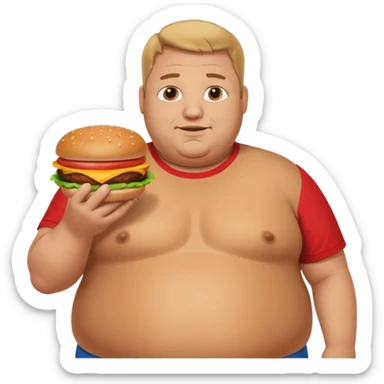 A very fat guy in an Alex Zero T-shirt, holding burgers, gives a like. sticker