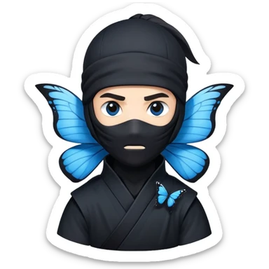 Emoji  con estos dos emojis 🦋 🥷🏻.
Ninja vestido de negro con los ojos de color negro y la piel blanca y con la mariposa azul posada en su hombro izquierdo como si estuviera volando en su hombro. sticker