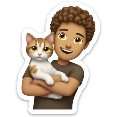 Guy with short brown curly hair holding a cat sticker