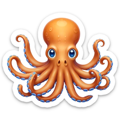 Cinematic Noble Octopus Portrait Emoji, Poised and enchanting, with a light orange body adorned with vibrant blue rings and eight delightfully curling arms with gentle suckers, large sparkling eyes exuding warmth and playfulness, Simplified yet charmingly expressive features, highly detailed, glowing with a soft, magical underwater radiance, high shine, intelligent and irresistibly cute, stylized with an air of whimsical marine enchantment, focused and fluid, soft glowing outline, capturing the essence of a watchful and endearing octopus that appears ready to float out of the screen with delightful charm! sticker