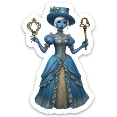elf blue woman login holding a big key in victorian dress, full body sticker