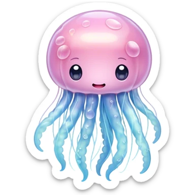Cinematic floating kawaii jellyfish, tiny round body, soft glowing tentacles, pastel pink and blue hues, delicate sparkling highlights, dreamy and adorable. sticker