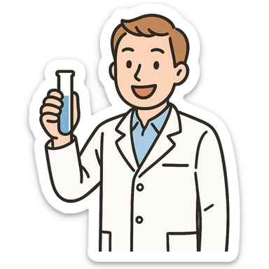 scientist in a lab coat holding a test tube cheerful expression simple background sticker