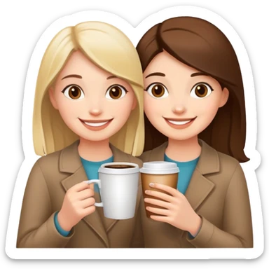 Two girls smiling, holding one coffee cup together sticker