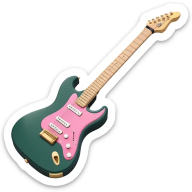 minimalist electric guitar in dark green with pink and blue stripe decal, closed inside a black rectangular hard case with gold latches, flat semi-3D style, soft matte textures, simplified details, stylized decal accent, ready-to-play symbol sticker