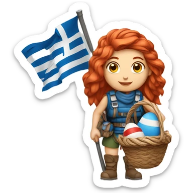 Greek Female winter mountaineer red hair white skin climbing with Greek Flag and Easter eggs basket sticker