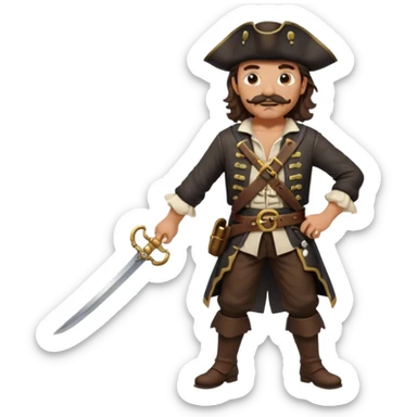 Pirate full body with dark brown wavy hair and mustache and sword sticker