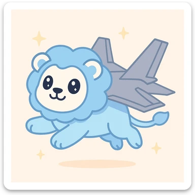 A blue and white lion with F-35 jet wings, flying upward in a pose similar to Nyan Cat, no rainbow, emphasizing the jet wings, playful and energetic style sticker