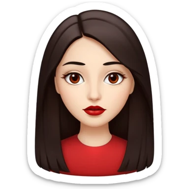 A woman emoji with fair skin, long straight dark brown hair parted in the middle, an oval-shaped face, arched dark eyebrows, almond-shaped brown eyes, a small nose, and full lips colored with deep red lipstick. sticker