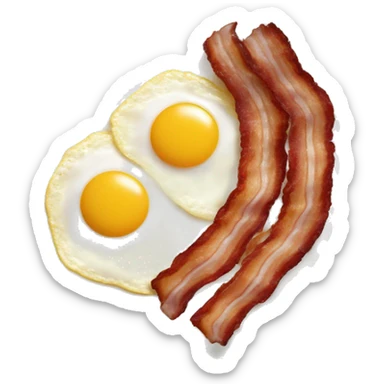 strips of bacon, eggs cooked sunny side up, diced potato hash browns, sausage links breakfast on a white plate dish, with a bowl of fruit as a side and a large glass of orange juice sticker