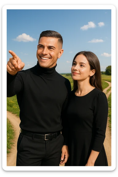 a man stands confidently at a crossroads, pointing toward a clear path ahead. Beside him, a woman looks at him con fiducia e serenità, pronta a seguirlo. Entrambi sono ben vestiti e sorridenti, immersi in un paesaggio luminoso che simboleggia nuove opportunità e un viaggio condiviso. sticker