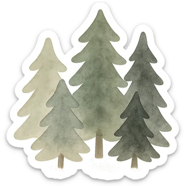 group of simple evergreen trees in folk art style, dark neutral forest color tones, watercolor texture with outlines, suitable for favicon sticker