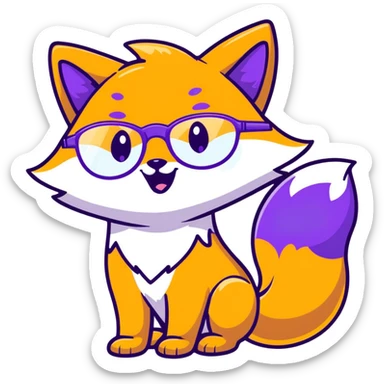 A magical fox with shimmering purple and blue fur, a glowing tail, a silver star on its forehead, and round glasses, laughing so hard that tears are streaming from its eyes sticker