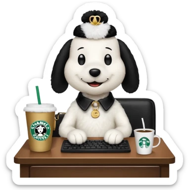 snoopy in a desk with starbucks and his chanel purse sticker