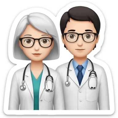 Create four doctors grouped together. Place a female doctor with dark brown short bob hair prominently in the front. Behind her, include:

a doctor with white hair wearing glasses,

a young male doctor with black hair and no glasses,

and a female doctor with black short bob hair wearing glasses. sticker