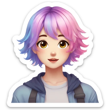 Gorgeous anime style tomboy with blushing face aesthetic and pretty colorful shiny gradient pastel hair trending style sticker