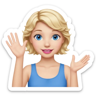 Girl Blonde short wavy hair,  blue eyes, cute blue top, long lashes, pink lips, smiling, one hand in the air sticker