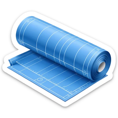 blue blueprint plan with white lines, partially rolled up, perspective view sticker