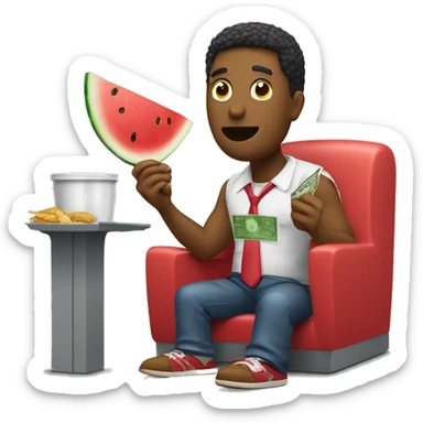 colores man eating fried poulet legs and watermelon while taking money out of a bank sticker