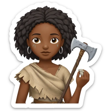 ancient black girl, tattered leaf cloth, hold broken stone ax sticker
