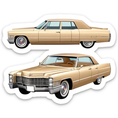 Iconic beige 1966 Cadillac DeVille with distinct front grille and headlights, precise three-quarter view at 30 degrees, authentic vintage luxury proportions, as seen in Once Upon a Hollywood, iOS emoji style sticker