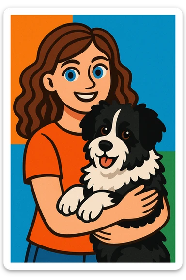 friendly modern illustration of a Baltic white girl with brunette wavy hair and blue eyes, holding her black and white fluffy dog sticker