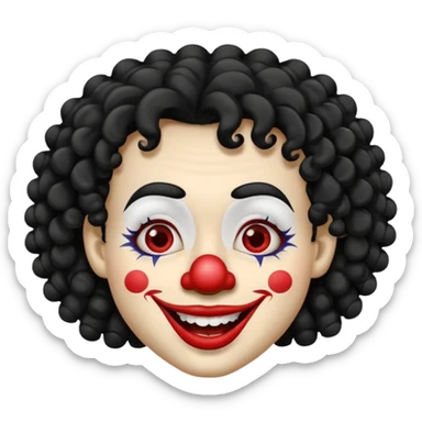 generate clown emoji with a big curly black hair 

wide black smile, long and pointy white nose sticker