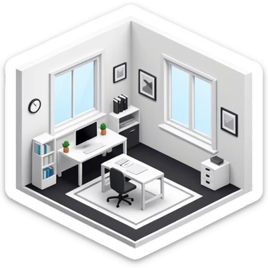 An isometric 3D room with two white walls that meet at the back left and right and a single Window. Black and White Home Office sticker
