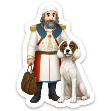 I’m a Russian, in the style of Old Many holding my dog spaniel with white color. and show the Victor sticker