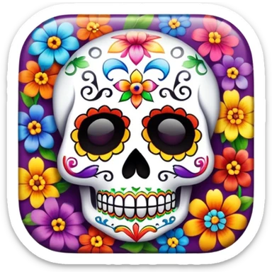 Beveled square shaped button with day of the dead sugar skull and rainbow colored flowers in the center sticker