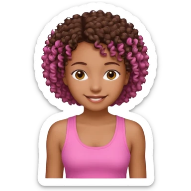 Uma menina com o cabelo cacheado curto é morena, e com uma regata rosa sticker