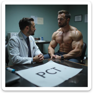 realistic scene of muscular bodybuilder sitting in front of a doctor in white coat in a clinical environment, on the table between them a clear large sheet with the text 'PCT', visible post cycle therapy drugs, professional and serious atmosphere sticker