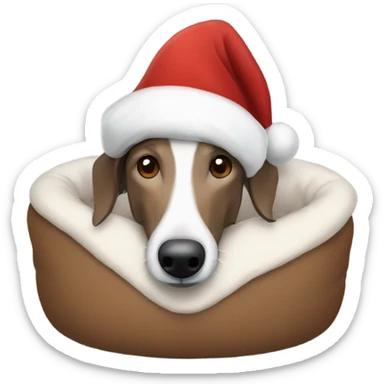 A brown and white lurcher wearing a Christmas hat all snuggled in his bed sticker