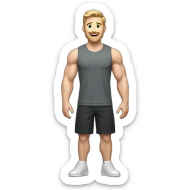 Full height Actively gesturing with hands Pale skinned Fit Man With the biceps and light brown hair in dark gray Sleeveless Mike, black oversize sports shorts and white Sneakers sticker