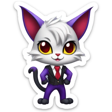 Anthro-Cute-Edgy-Vampiric-Batty-Cat-Black-Purple-Red-Grey-White-Yellow-Contrast-Colors-Fantasy-Fur-Sona-Chibi-Shiny-Fakémon-Hybrid with horns and big fangs neck tie leg spats full body sticker