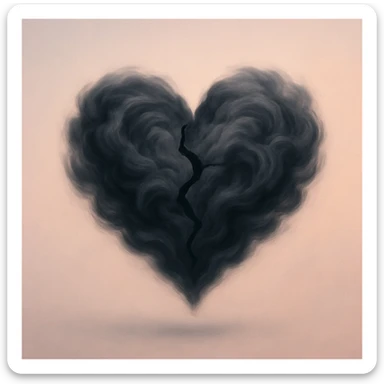 cracked heart constructed from swirling, dark clouds, floating on a minimalist pastel background, abstract, soft gradient aesthetic sticker