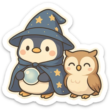 Add a cute pet owl next to the penguin wizard, keeping the whimsical chibi sticker style, with no background. sticker