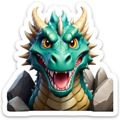 Cinematic Comical Giant Rock Dragon Portrait Emoji, Head tilted dramatically with an exaggeratedly amused expression, featuring a striking, chiseled body with bold stone textures and wide, expressive eyes brimming with playful geologic mischief; rendered with vivid, lifelike detail and dynamic, natural shadows, high shine, dramatic yet humorous, styled with an air of cheeky ancient solidity, soft glowing outline, capturing the essence of a spirited and over‐the‐top stone giant that looks ready to rumble with timeless mirth! sticker