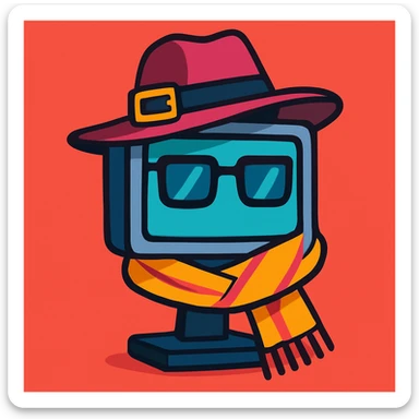 a computer monitor with a chic hat, scarf, fashionable details, dress to impress in your computer sticker