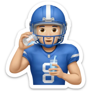 football player center position in blue gear helmet on sipping water sticker