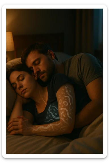 A hyper-realistic, cinematic image of a man and a woman sleeping together in the same bed under soft, dim night lighting, with their bodies close and touching. Their skin appears slightly illuminated where it touches, and under a subtle x-ray style overlay, faint ghostly silhouettes of microscopic parasites and worm-like organisms are visible crawling transdermally between their bodies, symbolizing silent, unnoticed parasite transmission during sleep. The environment is a cozy bedroom with warm tones, but the presence of the glowing parasites creates a slightly unsettling feeling, emphasizing the hidden danger. Their faces are calm, unaware, symbolizing the unconscious nature of the transmission. The image is detailed with a 35mm film hyperrealistic aesthetic, focusing sharply on the point of contact between their skin where the parasites pass, while the background remains softly blurred. The color palette uses muted warm browns and soft moonlight blues to maintain a nighttime, intimate feeling, contrasting with the translucent, glowing parasites to illustrate the hidden risk of transdermal parasite transmission while sharing a bed sticker