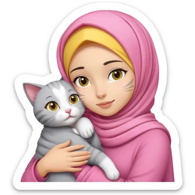girl wear a pink hijab, the skin is yellow complexion, and hug a cat that has a gray shaped like a gordyn in face and white fur sticker
