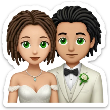 Couple lightskinned man with short brown dreads and green eyes. light skinned woman with black hair and brown eyes getting married sticker