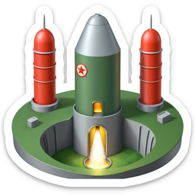 green landscape with sun in top of the background, there is a greynmissile silo hatch open, and the top two thirds of a white nuclear missile launching out of the silo is shown sticker