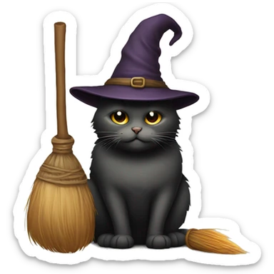 Dark fat cat wearing old witches hat, holding a broomstick by a potted plant  sticker