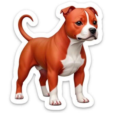 cinematic-[Staffordshire bull terrier]-realistic-full-body-standing-emoji,-tail-resting-loosely-beside-its-paws,-head-tilted-dramatically, -sleek-[red and white]-fur,-simplified-yet-realistic-focused-features,-highly-detailed,-glowing-with-an-almost-sarcastic-glow sticker