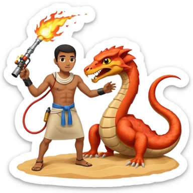 an egyptian man fighting a sand viper using a flamethrower sticker